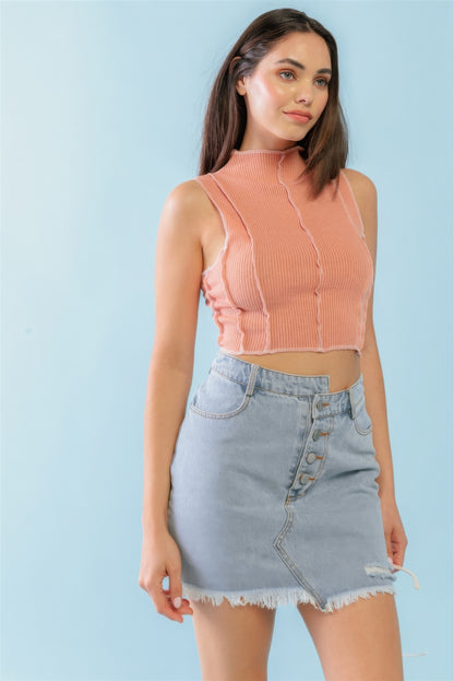 Dark Peach Ribbed Inside-out Sleeveless Mock Neck Crop Top