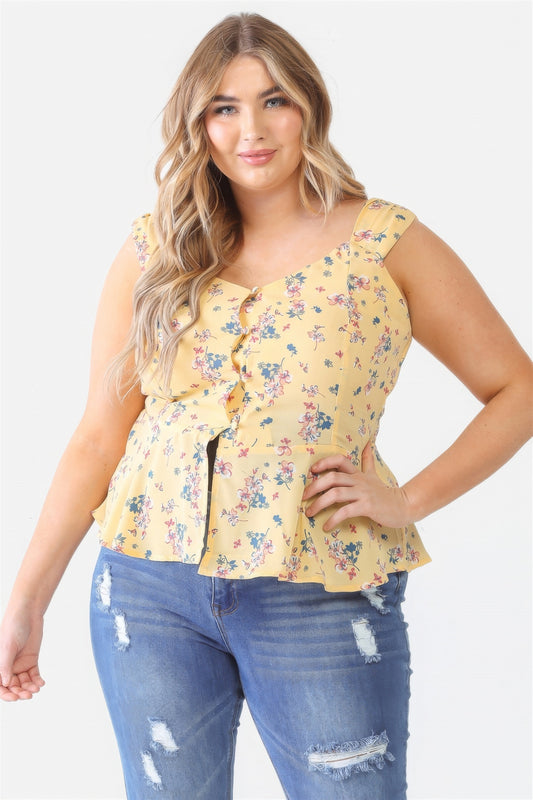 Floral Button-up Sleeveless Flare Hem Top