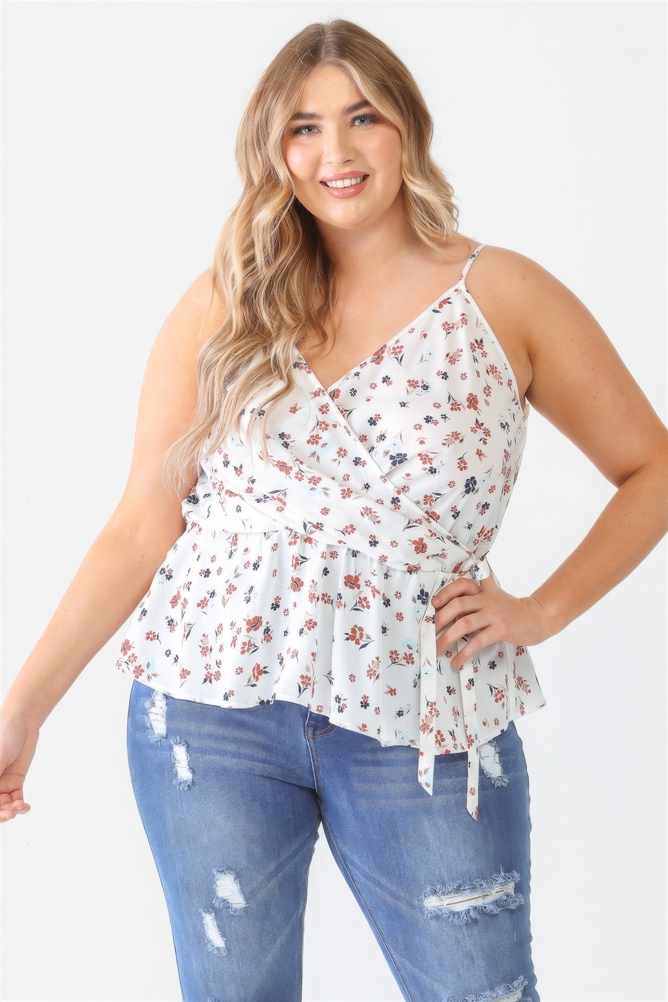 Floral Sleeveless Wrap Neck Flare Hem Top