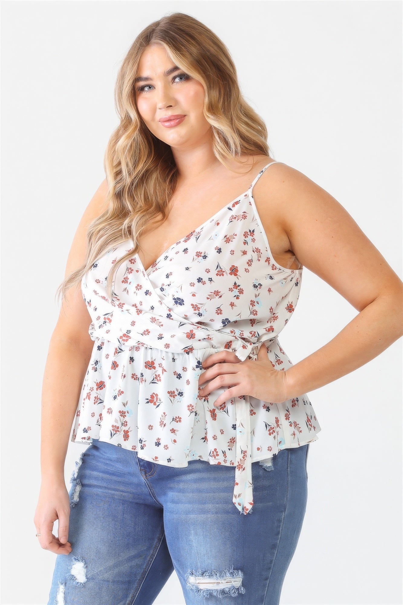 Floral Sleeveless Wrap Neck Flare Hem Top