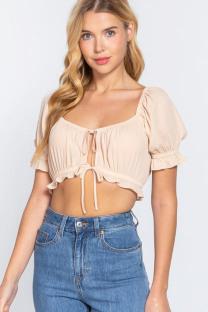 Short Sleeve Print Crop Woven Top