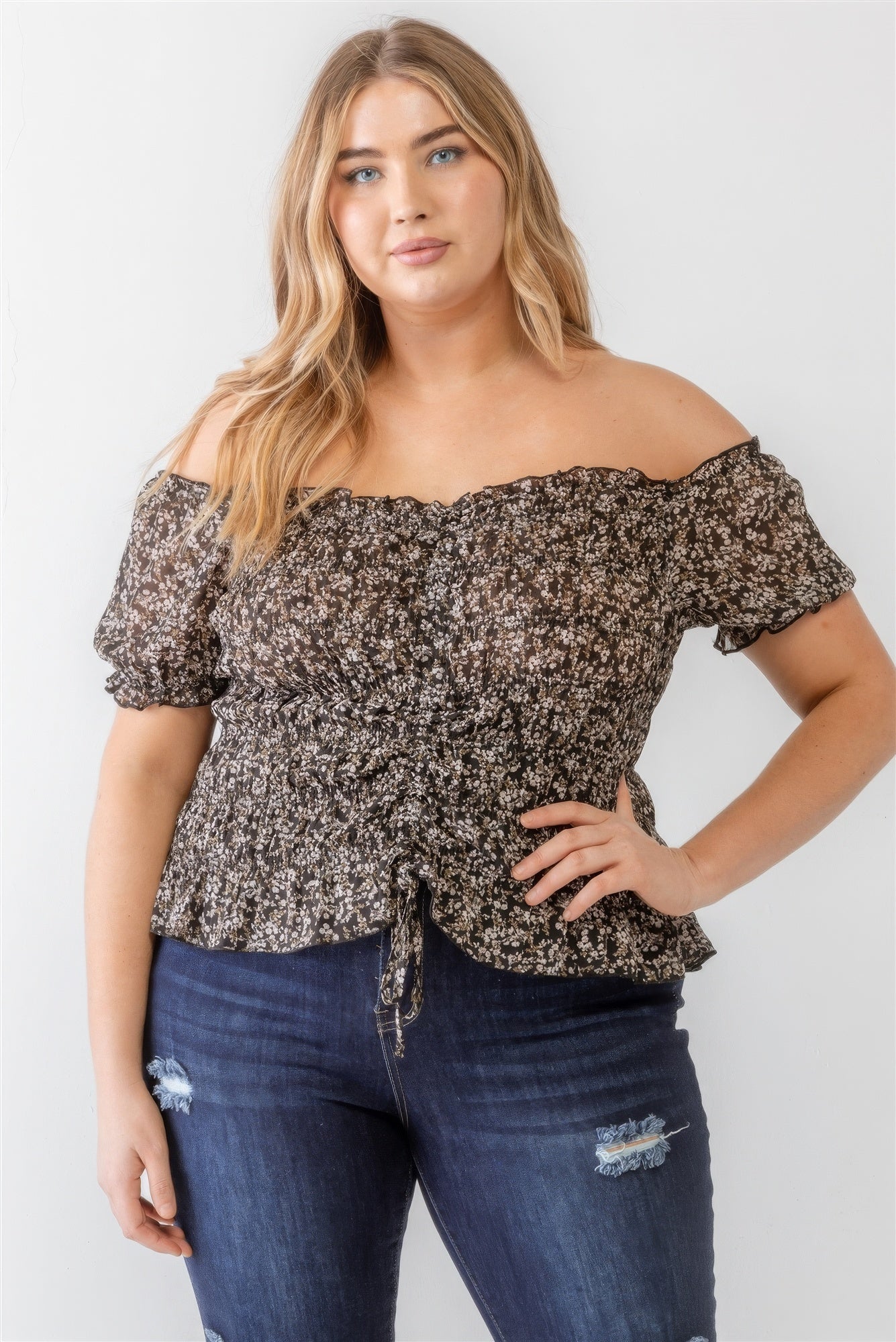 Floral Chiffon Ruched Smocked Off-the-shoulder Top