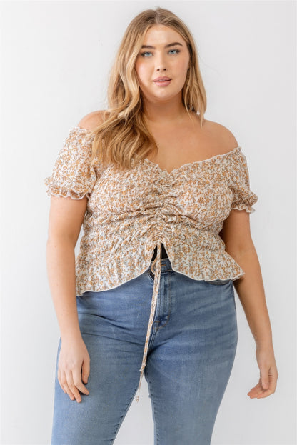 Floral Chiffon Ruched Smocked Off-the-shoulder Top