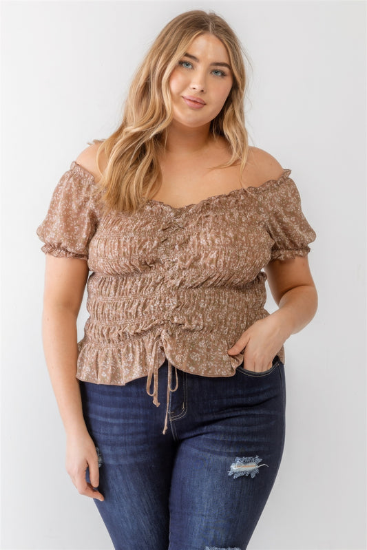 Floral Chiffon Ruched Smocked Off-the-shoulder Top