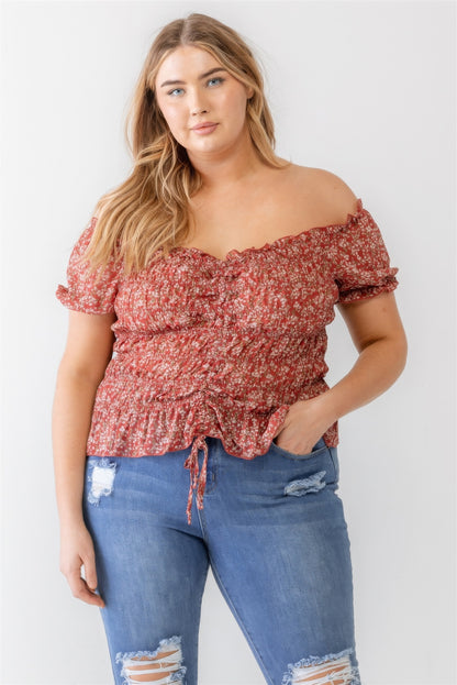 Floral Chiffon Ruched Smocked Off-the-shoulder Top