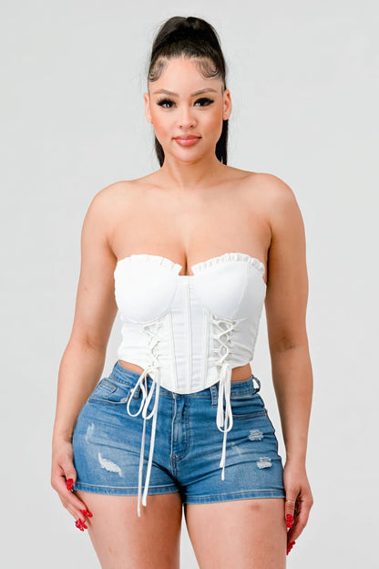 Luxe Sweetheart Ruffled Drawstring Lace Bustier Top