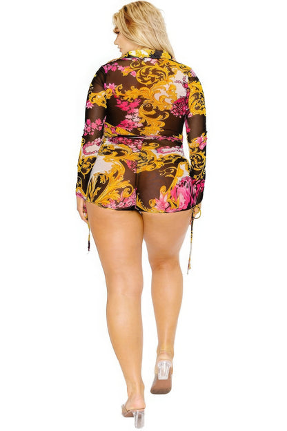 Gold & Floral Pattern Print Belted Romper