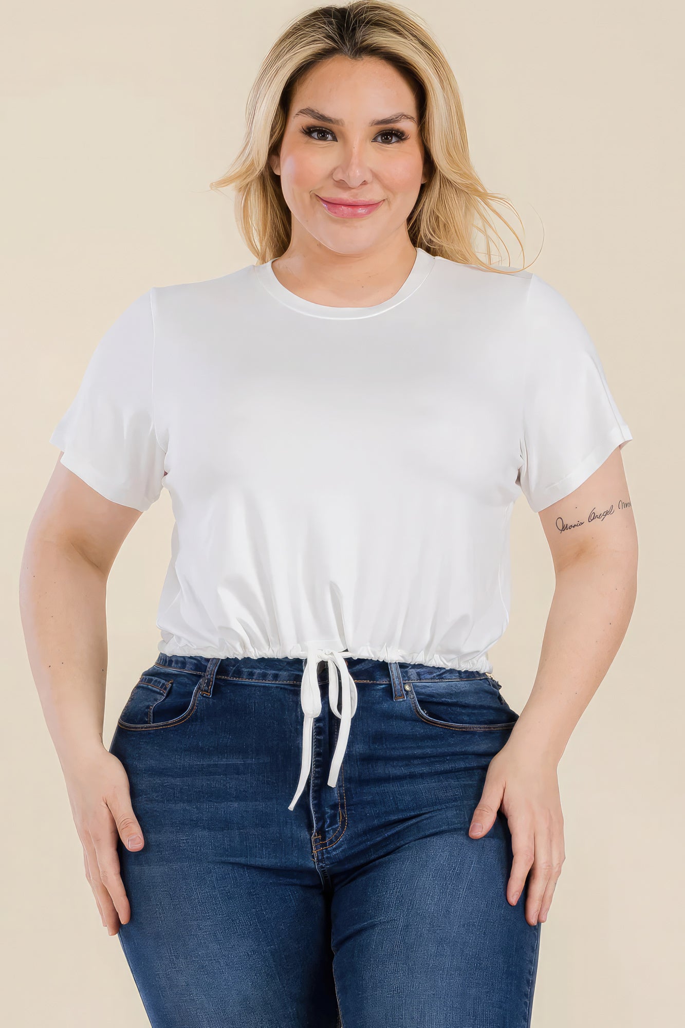 Tie Front Drawstring Short Sleeve Crop Top