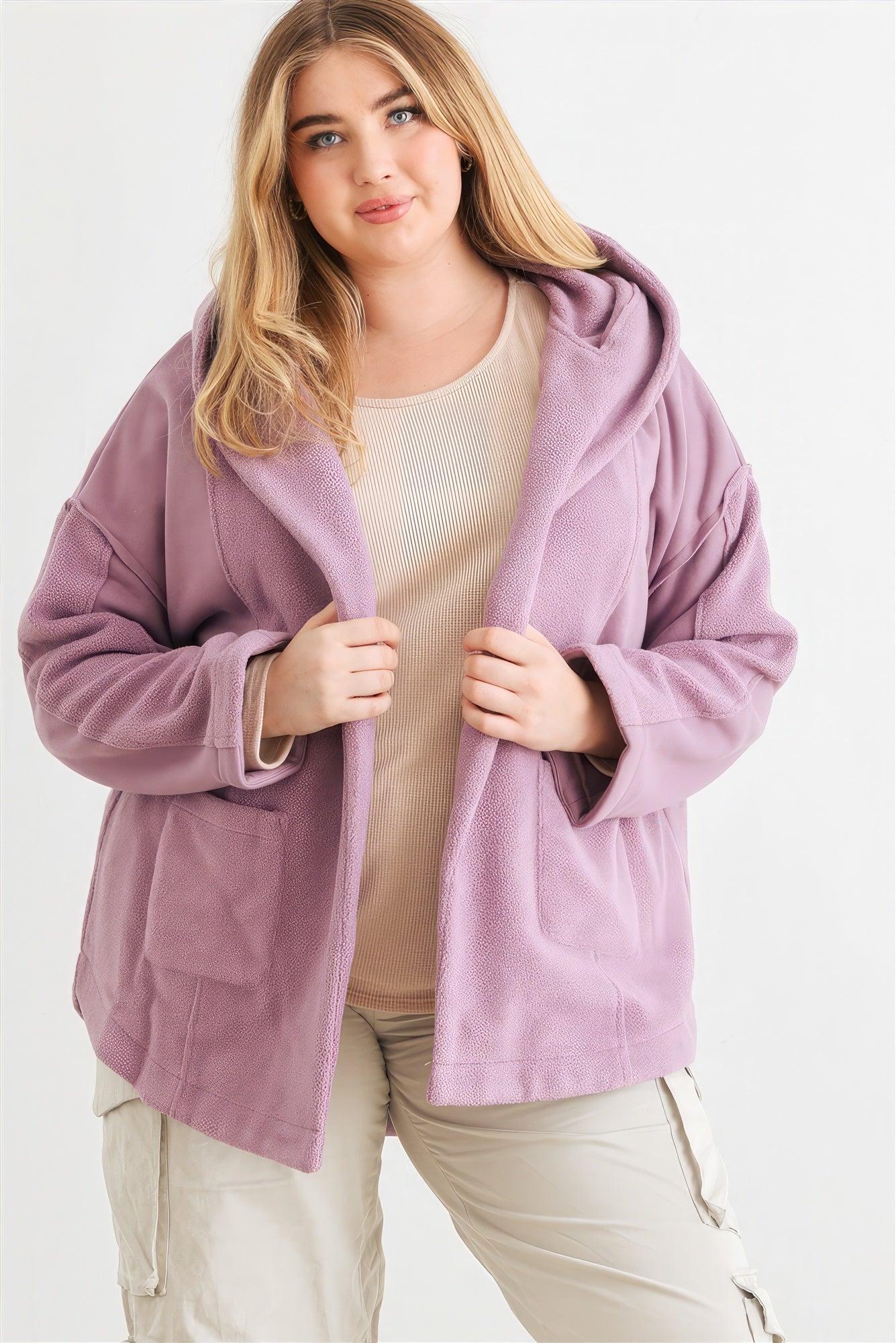 Two Pocket Open Front Soft To Touch Hooded Cardigan Jacket