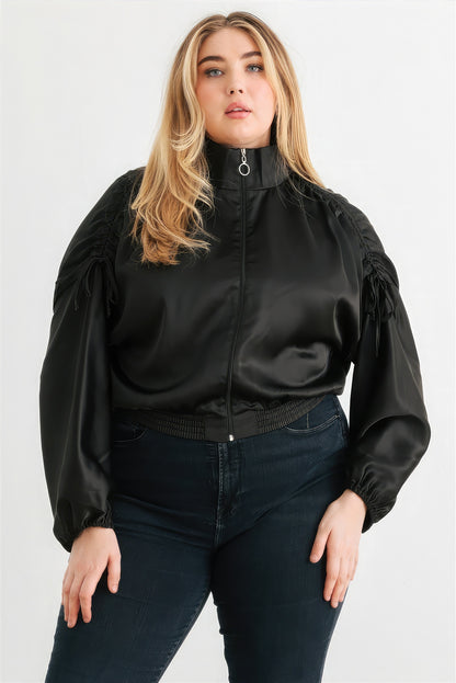 Satin Zip-up Ruched Long Sleeve Cropped Bomber Jacket