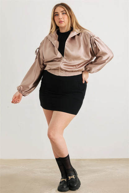 Satin Zip-up Ruched Long Sleeve Cropped Bomber Jacket