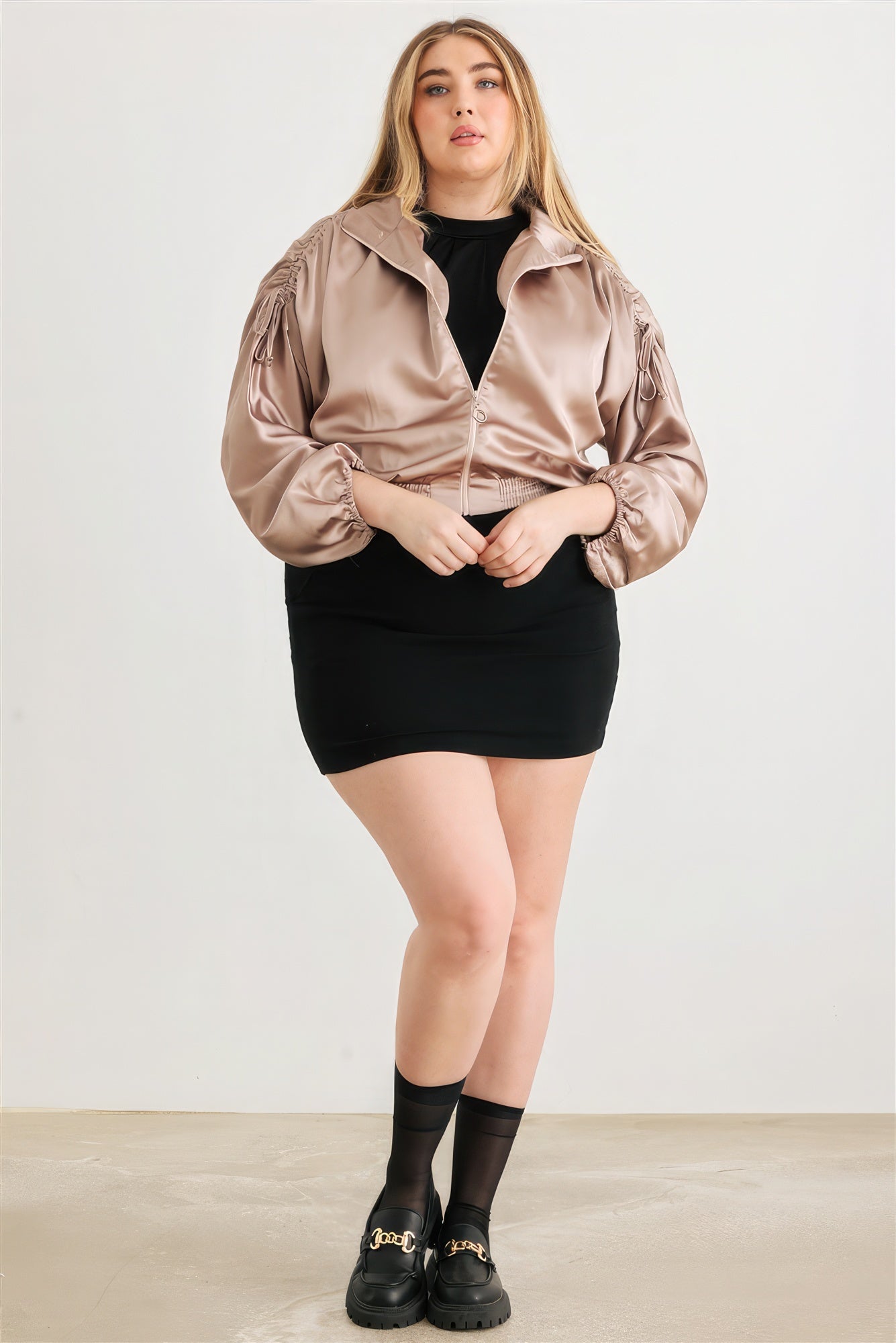 Satin Zip-up Ruched Long Sleeve Cropped Bomber Jacket