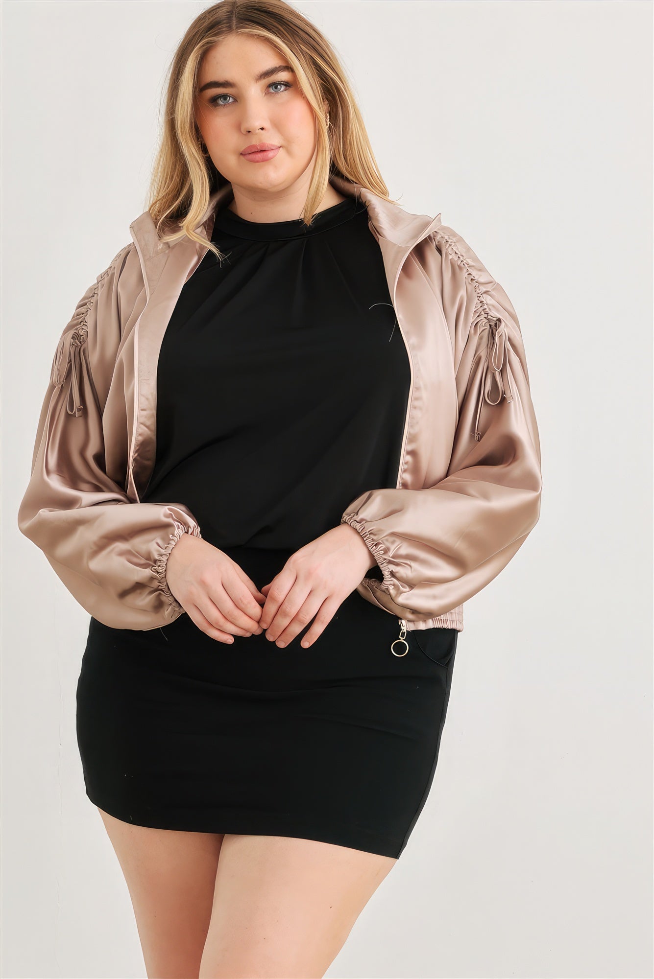 Satin Zip-up Ruched Long Sleeve Cropped Bomber Jacket