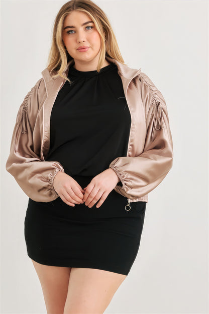 Satin Zip-up Ruched Long Sleeve Cropped Bomber Jacket