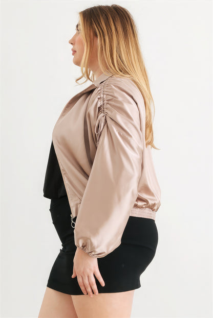 Satin Zip-up Ruched Long Sleeve Cropped Bomber Jacket