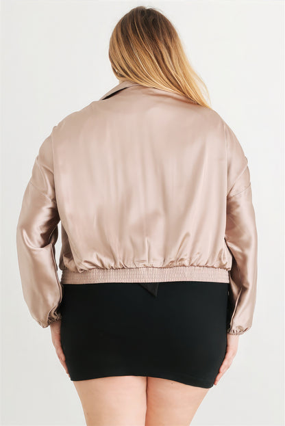 Satin Zip-up Ruched Long Sleeve Cropped Bomber Jacket