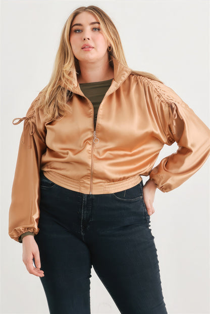 Satin Zip-up Ruched Long Sleeve Cropped Bomber Jacket