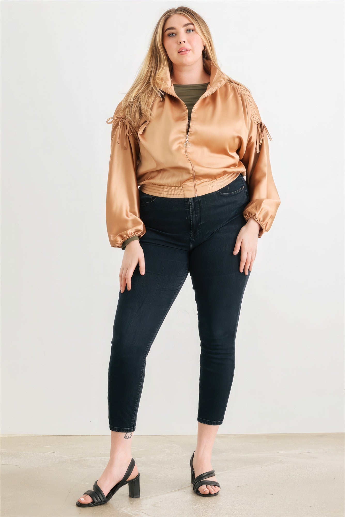 Satin Zip-up Ruched Long Sleeve Cropped Bomber Jacket