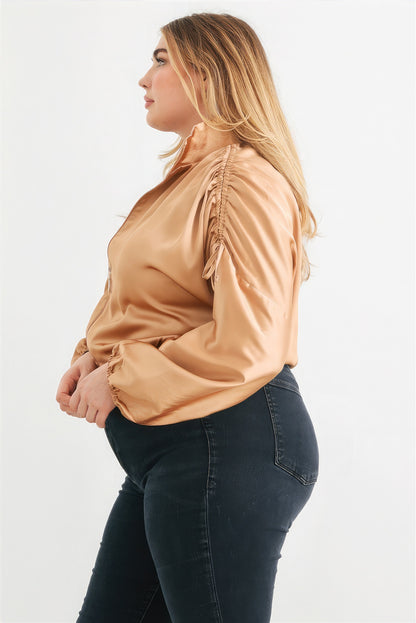 Satin Zip-up Ruched Long Sleeve Cropped Bomber Jacket