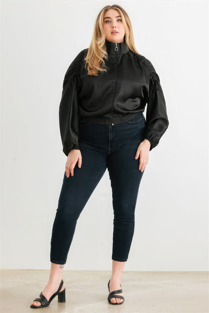 Satin Zip-up Ruched Long Sleeve Cropped Bomber Jacket