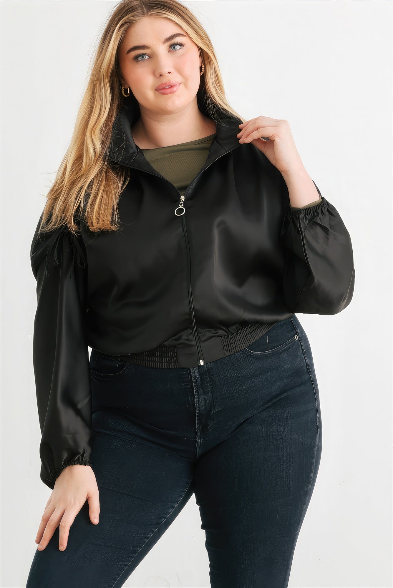 Satin Zip-up Ruched Long Sleeve Cropped Bomber Jacket