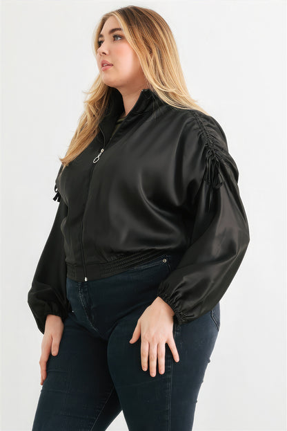 Satin Zip-up Ruched Long Sleeve Cropped Bomber Jacket