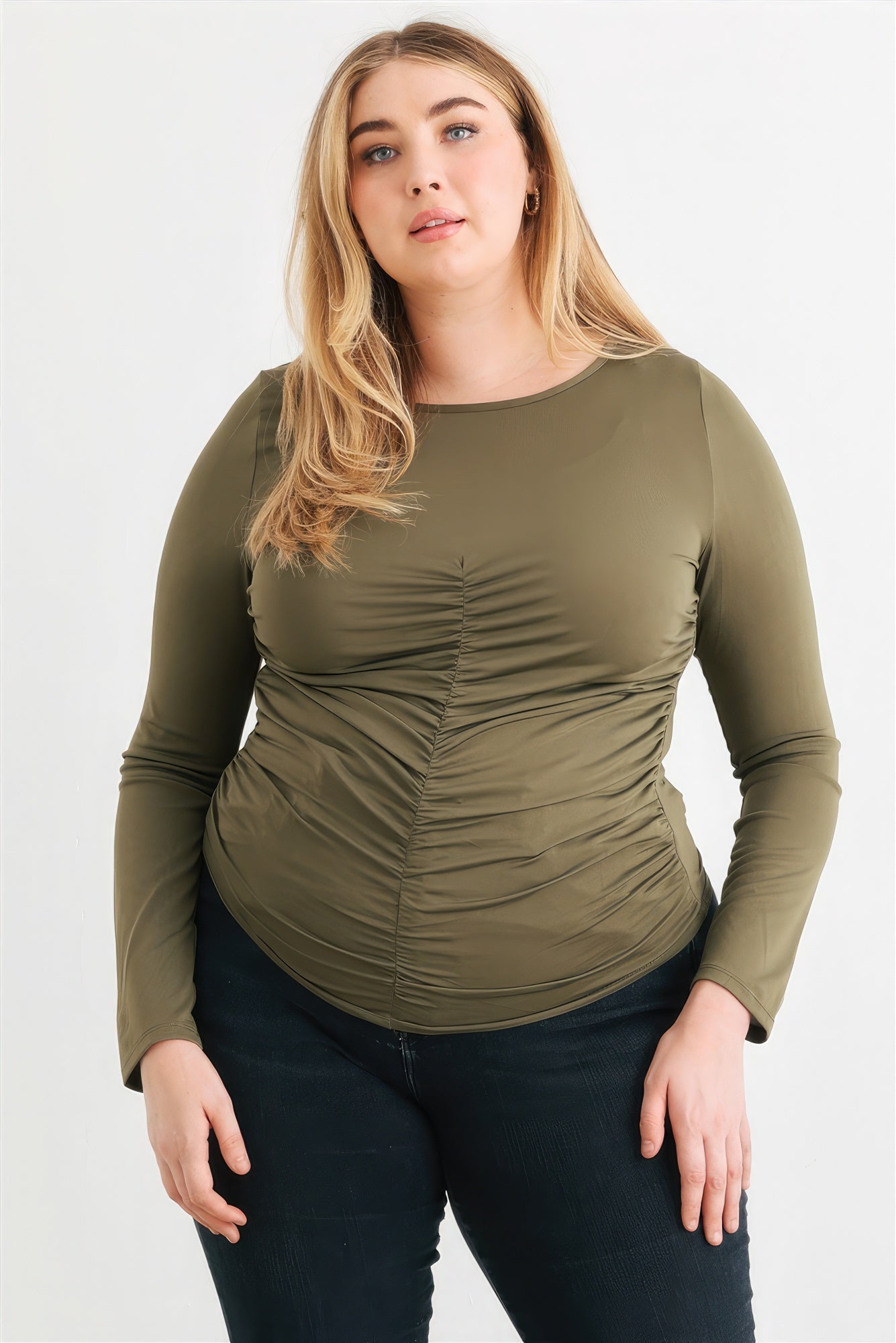 Plus Olive Ruched Long Sleeve Top