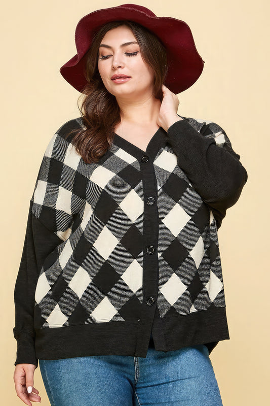 Buffalo Plaid Knit Button Up Oversize Cardigan