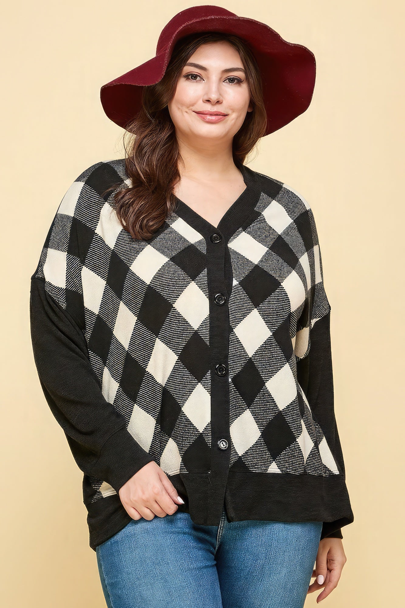 Buffalo Plaid Knit Button Up Oversize Cardigan