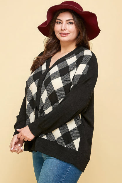 Buffalo Plaid Knit Button Up Oversize Cardigan