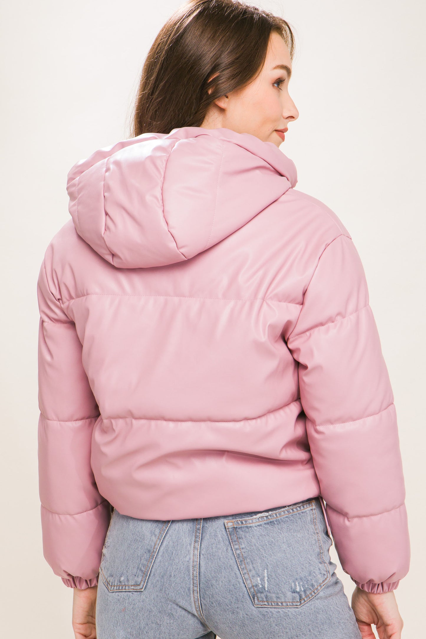 Pu Faux Leather Zipper Hooded Puffer Jacket