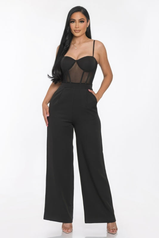 Mesh Insert Cup Wide Leg Jumpsuit