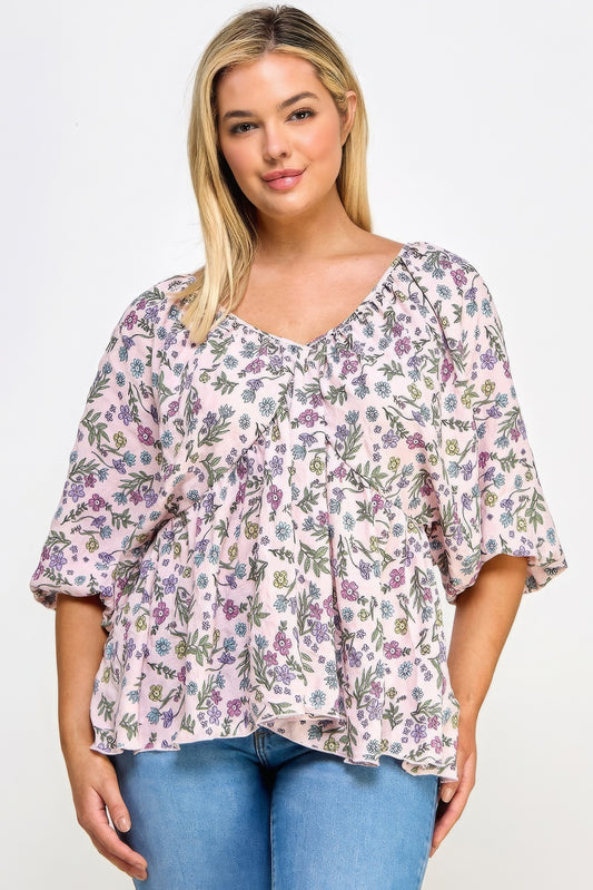 Floral V-neck Babydoll Balloon Sleeve Top