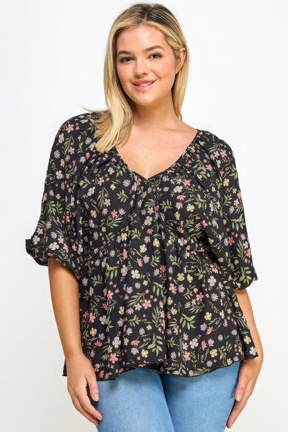 Floral V-neck Babydoll Balloon Sleeve Top