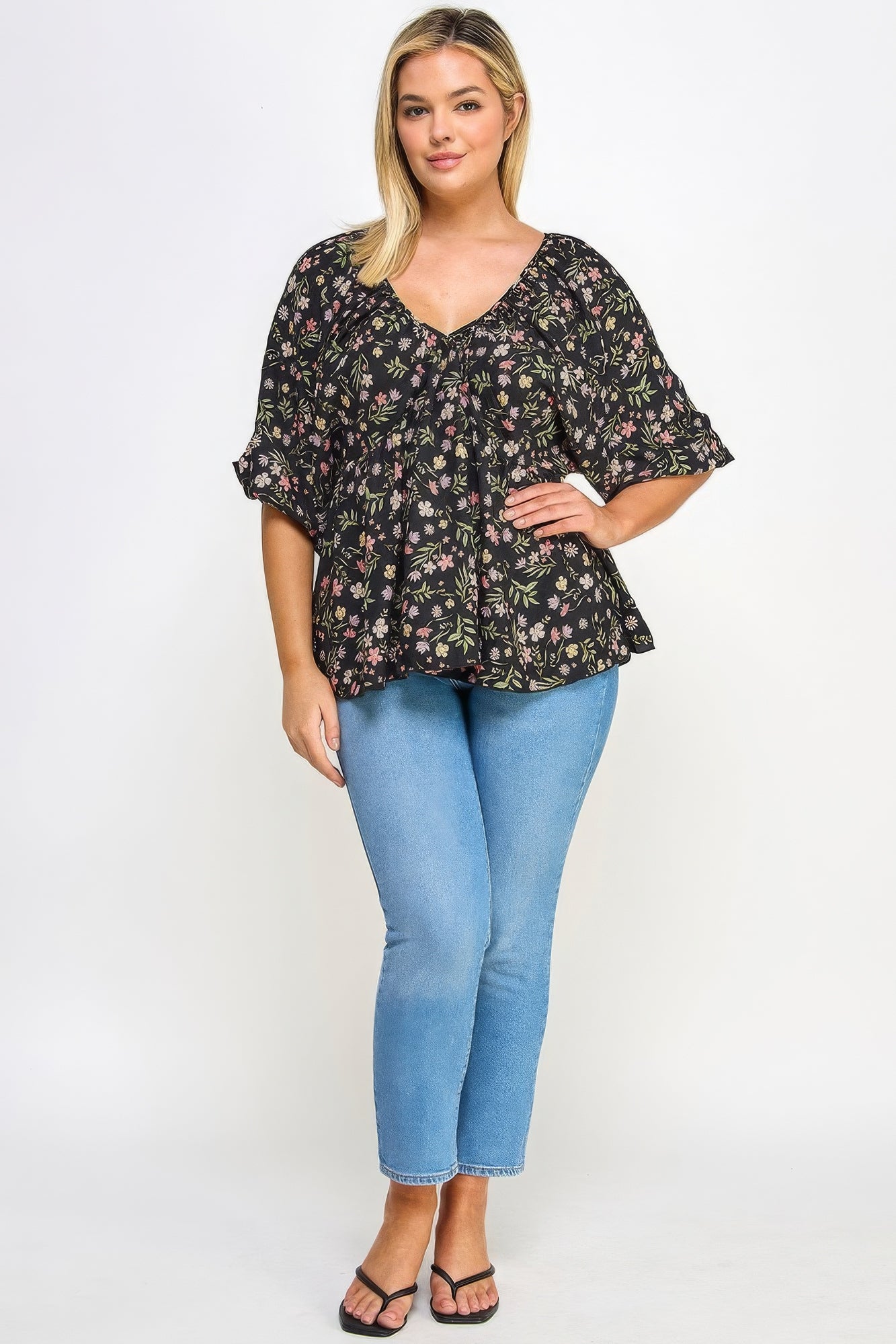 Floral V-neck Babydoll Balloon Sleeve Top