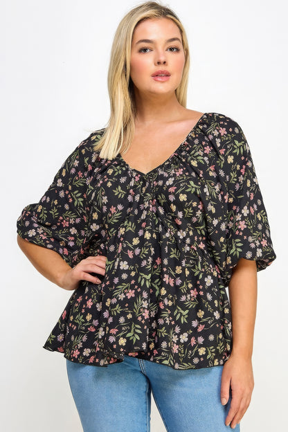 Floral V-neck Babydoll Balloon Sleeve Top