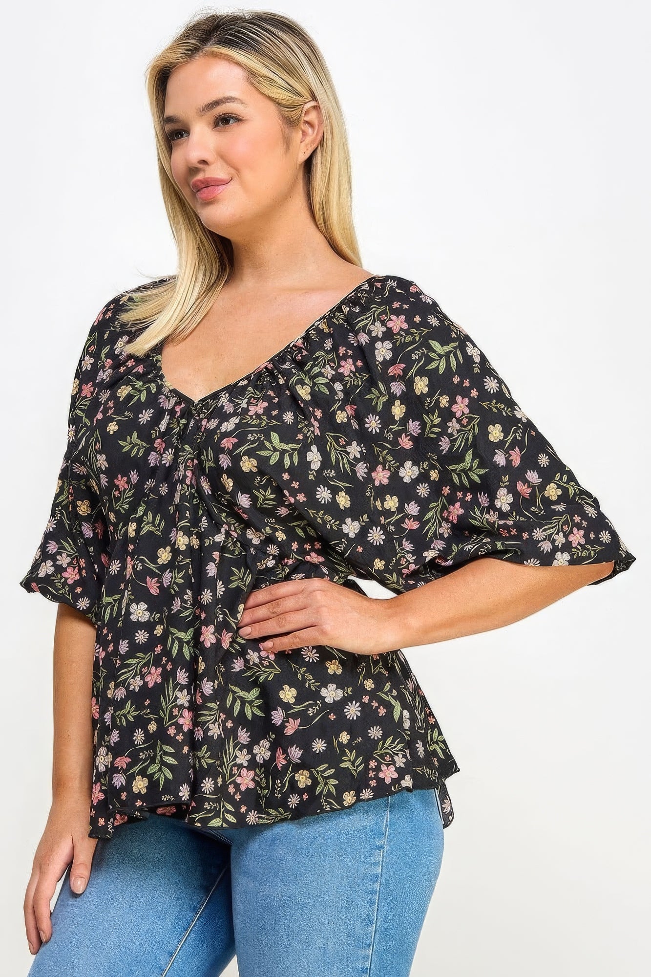 Floral V-neck Babydoll Balloon Sleeve Top