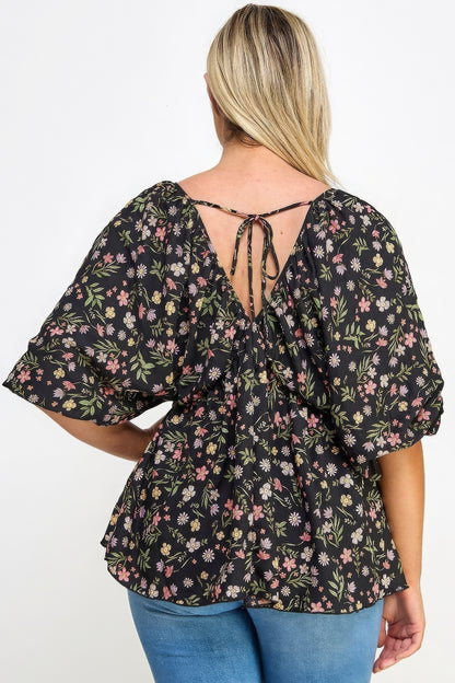 Floral V-neck Babydoll Balloon Sleeve Top