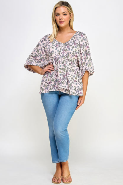 Floral V-neck Babydoll Balloon Sleeve Top