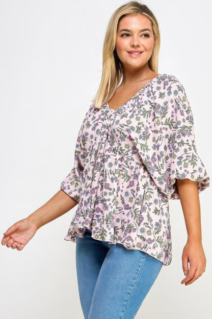 Floral V-neck Babydoll Balloon Sleeve Top