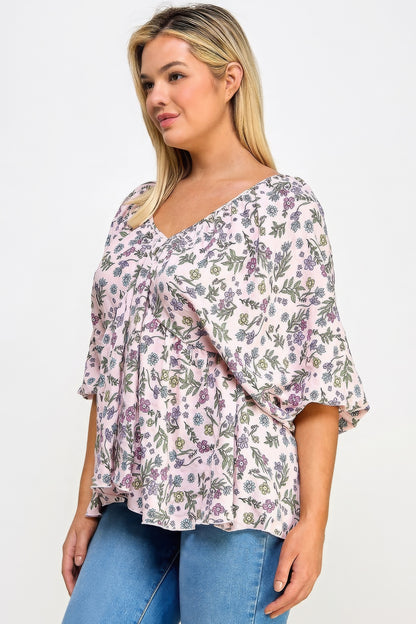 Floral V-neck Babydoll Balloon Sleeve Top