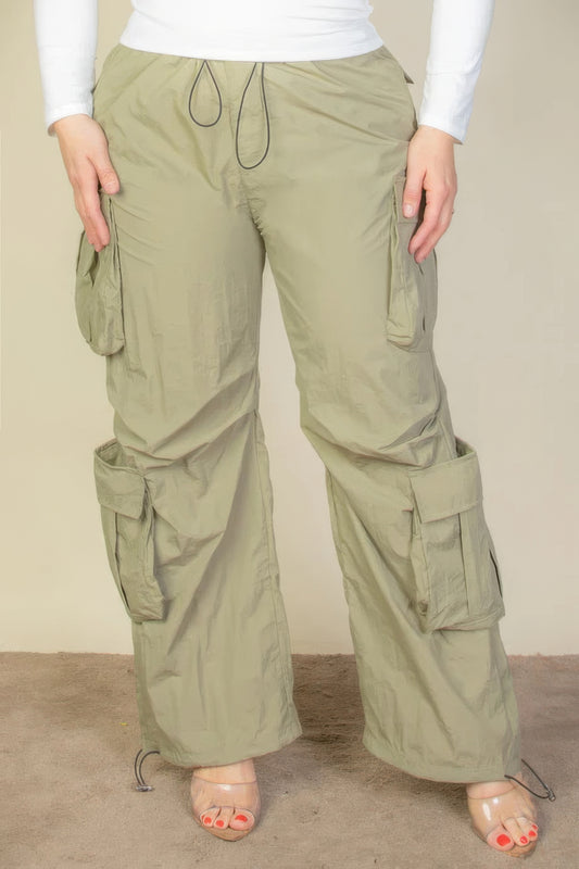 Flap Pockets Drawstring Ruched Parachute Pants