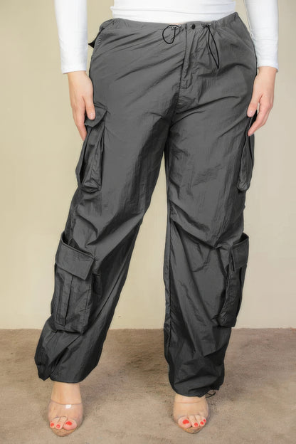 Flap Pockets Drawstring Ruched Parachute Pants