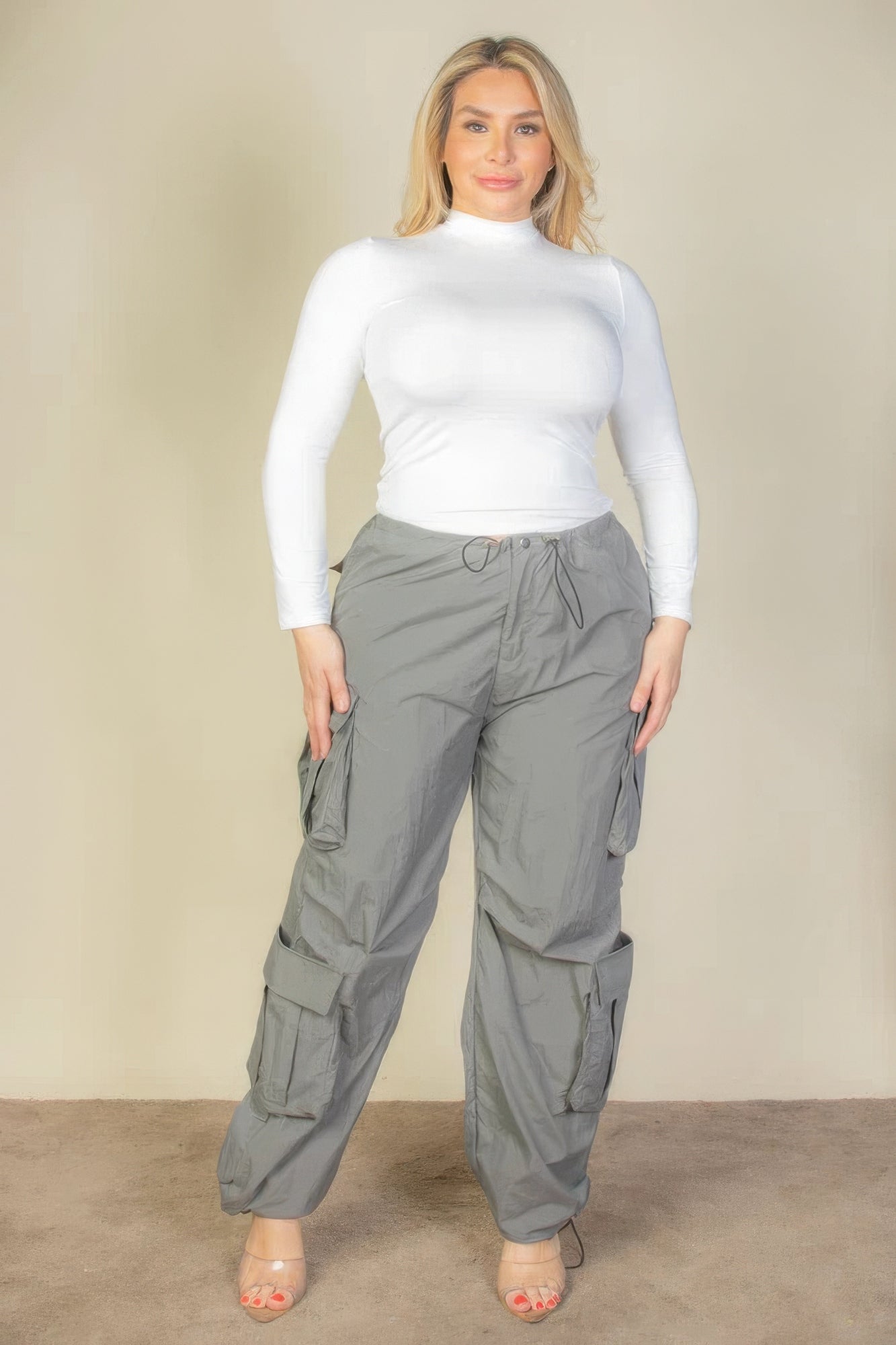 Flap Pockets Drawstring Ruched Parachute Pants