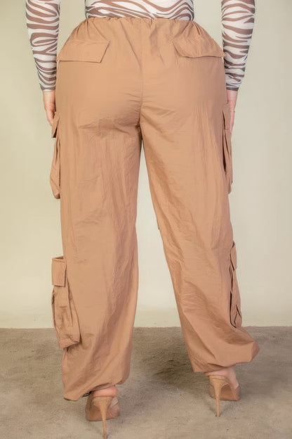 Flap Pockets Drawstring Ruched Parachute Pants