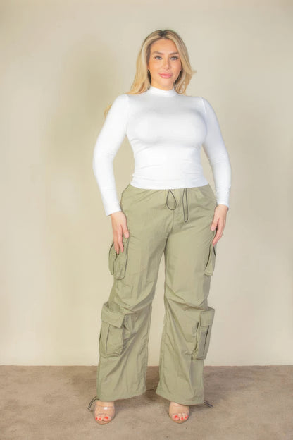 Flap Pockets Drawstring Ruched Parachute Pants