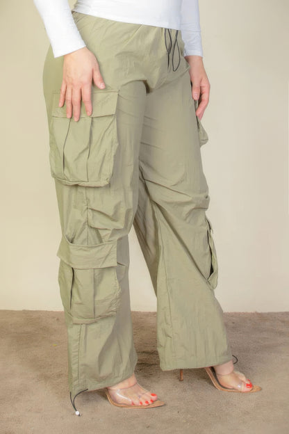 Flap Pockets Drawstring Ruched Parachute Pants