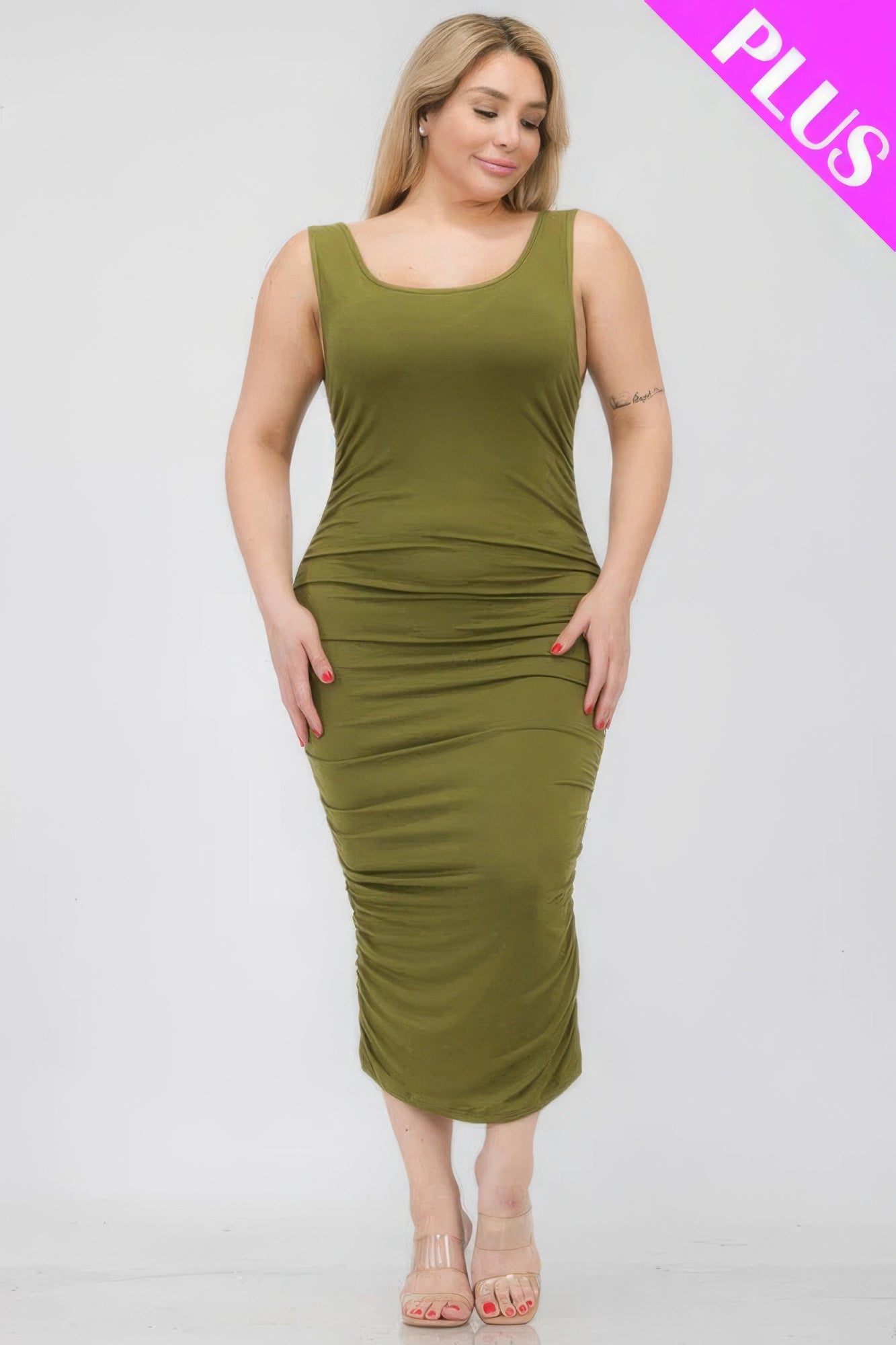 Square Neck Ruched Bodycon Midi Dress