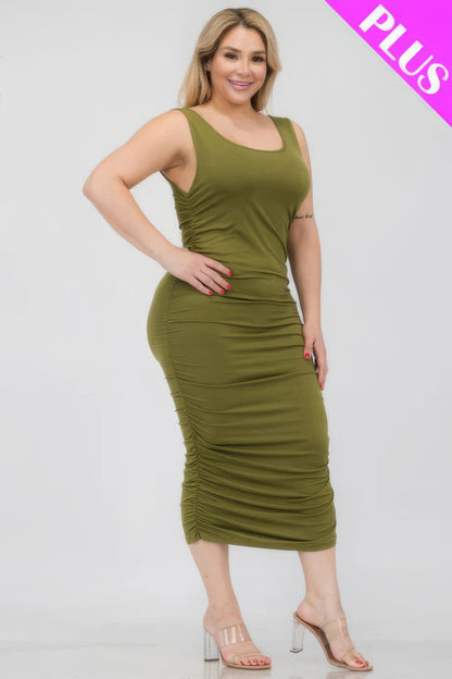 Square Neck Ruched Bodycon Midi Dress