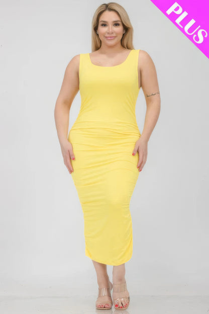 Square Neck Ruched Bodycon Midi Dress